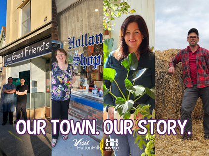 a collage of photos of small business owners with text over top that says "Our Town, Our Story"