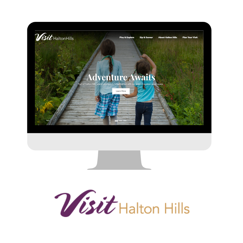Visit Halton Hills website on computer with visit halton hills logo