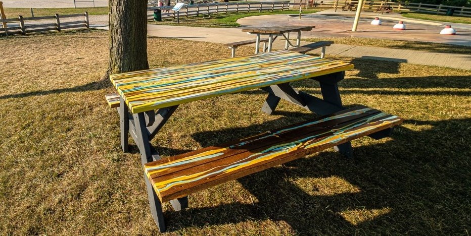 Colourful picnic table in park