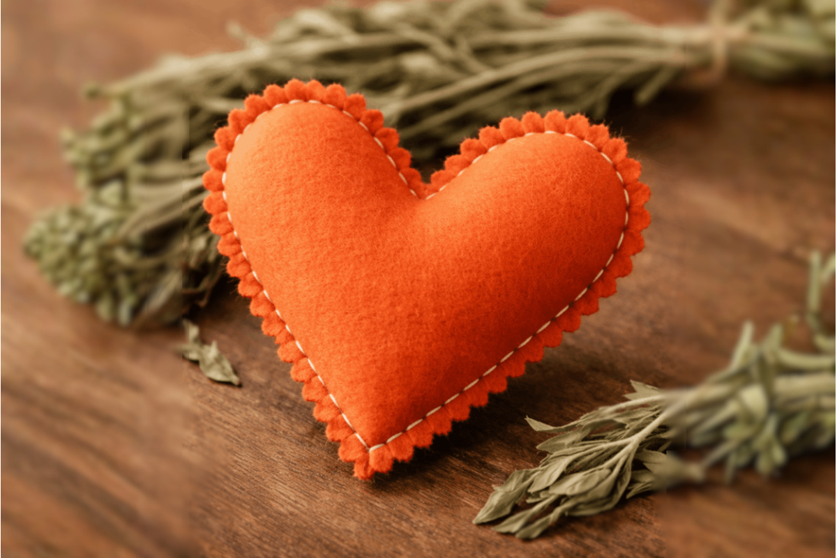 An orange felt heart
