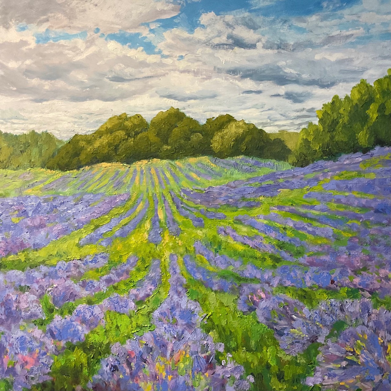 A vibrant landscape painting depicting a wide field filled with rows of purple lavender flowers stretching into the distance. The rows create strong leading lines toward a backdrop of dense green trees beneath a partly cloudy blue sky. The brushstrokes are textured and impressionistic, giving the scene a soft, natural feel.)