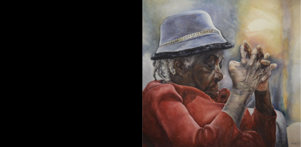 Painting of a women in a red coat and blue hat, in watercolour