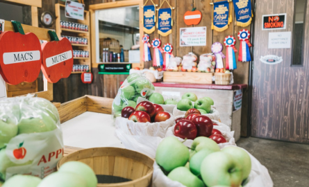 the inside of farm market. There is a bunch of different products on the shelf in the back of the image, to the left in the photo there is a table with baskets of different types of apples on it
