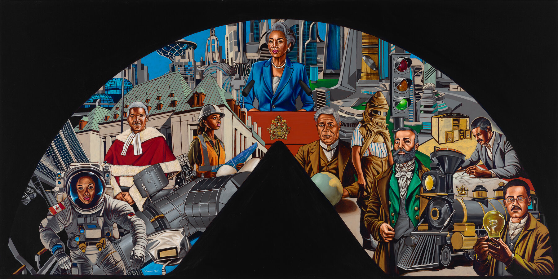 Komi Olaf A vibrant, semi-circular collage depicting various futuristic themes of invention and progress. The composition includes architectural structures, industrial machinery, and symbolic figures representing different professions and eras. On the left, an astronaut in a spacesuit stands near a large piece of modern technology, while behind are futuristic cityscapes with sleek towers. Toward the center, a figure in formal attire sits at a desk adorned with an official crest, surrounded by classical buildings. To the right, individuals in period clothing hold scientific instruments and inventions, including a globe, an early steam locomotive, and a glowing light bulb. The background blends elements of modern urban design with historical motifs, creating a dynamic representation of technological and societal advancement.