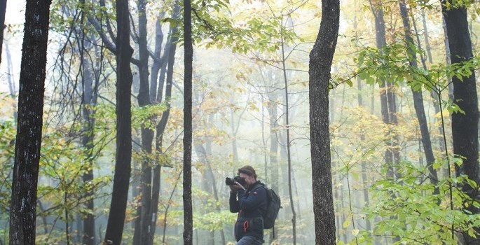 man in forest with camera taking photo