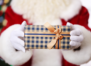image of santa clause holding a blue and yellow box