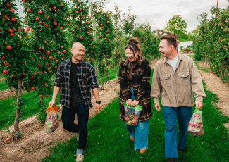 Two men and a woman walking through an apple orchard
