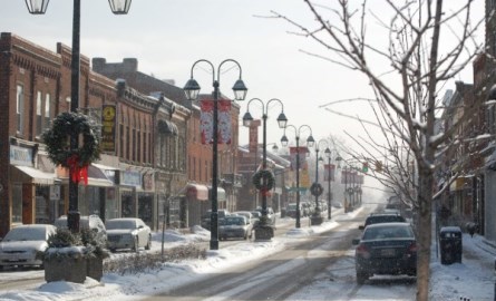 downtown main street shopping area in winter
