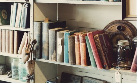 old books and items on a dusty shelf