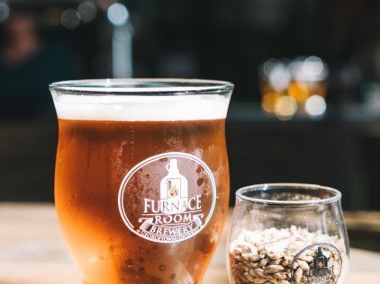 Glass of beer with jar of hops beside it