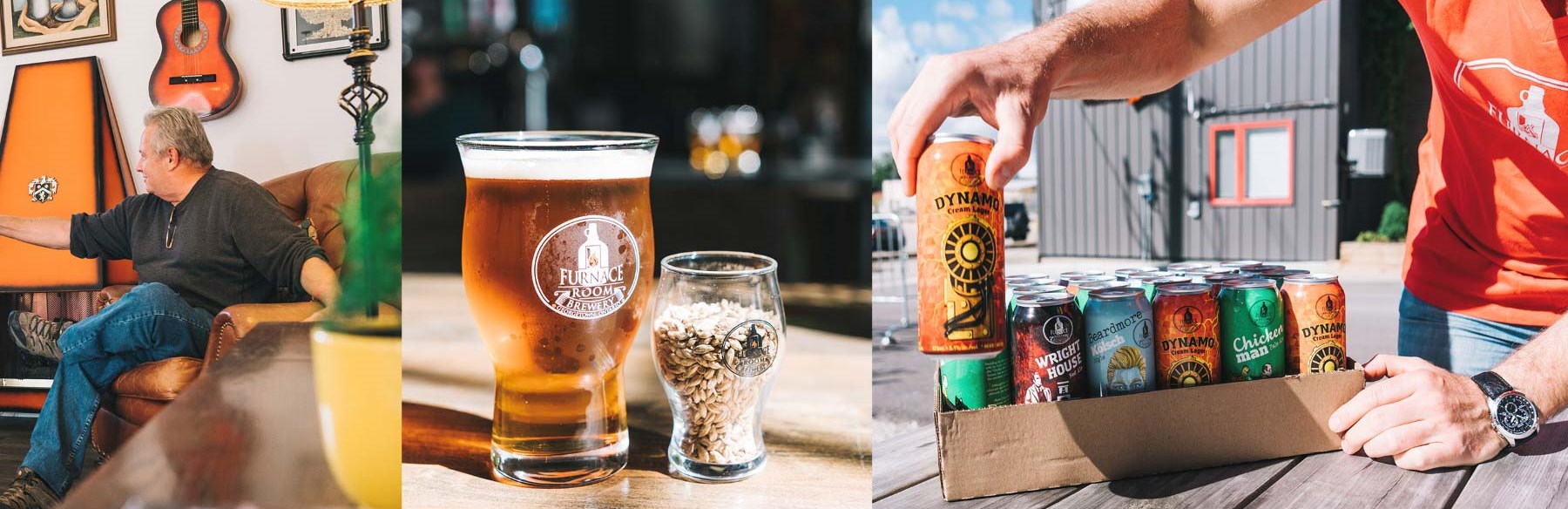 Furnace Room Brewery inside upstairs loft and logo on brick wall
